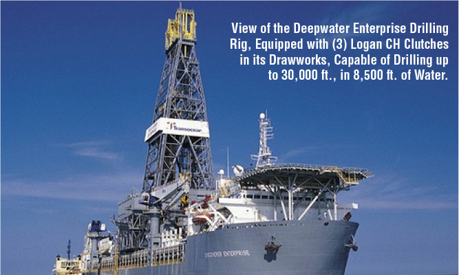 View of deepwater enterprise drilling rig, equipped with 3 logan ch clutches in its drawworks