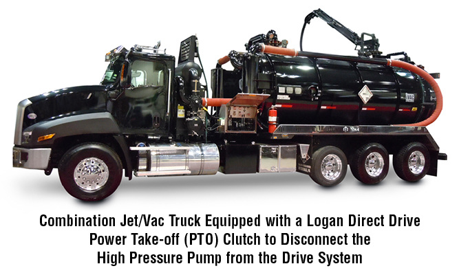 Combination jet/vac truck equipped with a logan direct drive power take-off clutch