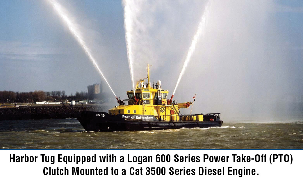 Harbor tug equipped with a logan 600 series power take-off clutch