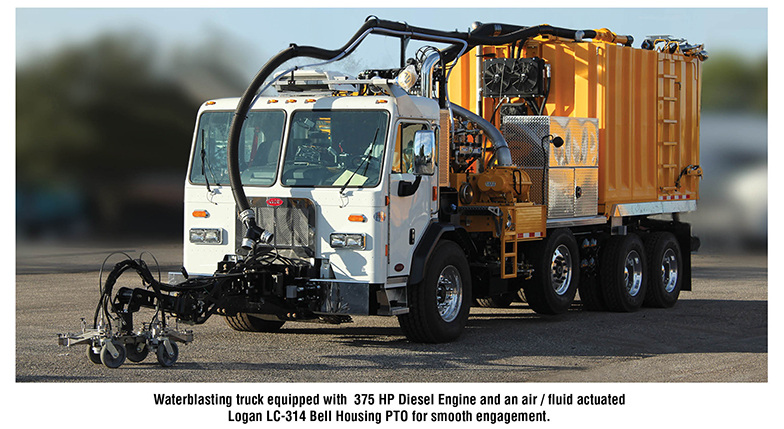 Waterblasting truck equipped with 375 HP Diesel Engine and an air / fluid actuated Logan LC-314 Bell Housing PTO for smooth engagement.