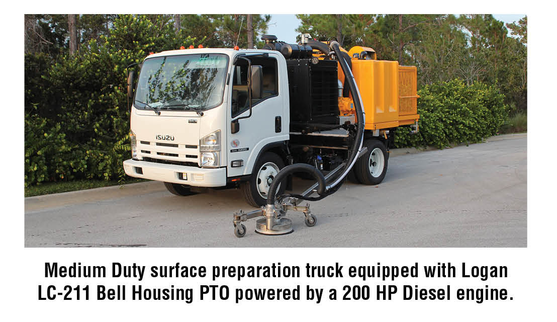 Medium Duty surface preparation truck equipped with Logan LC-211 Bell Housing PTO powered by a 200 HP Diesel engine.