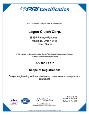 PRI ISO Certification  Logan Clutch Corp 2029