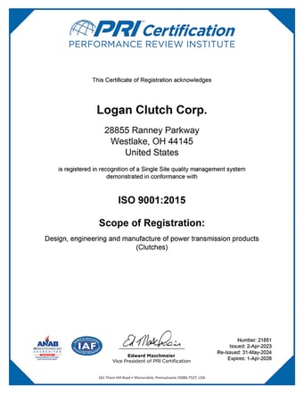 PRI ISO Certification  Logan Clutch Corp 2026